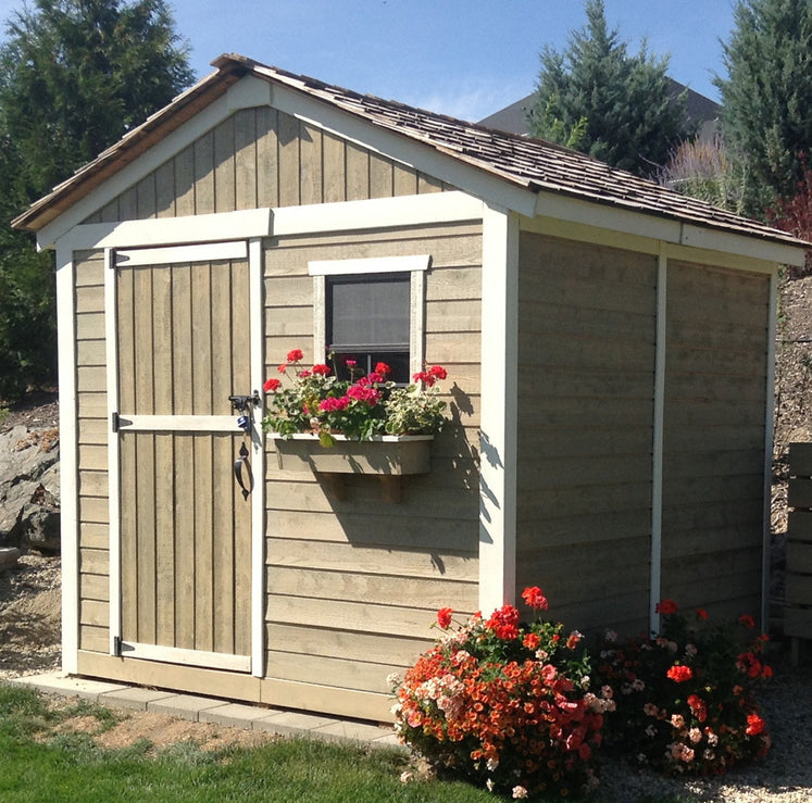 Gardener Shed 8x8 with white paint and flowers